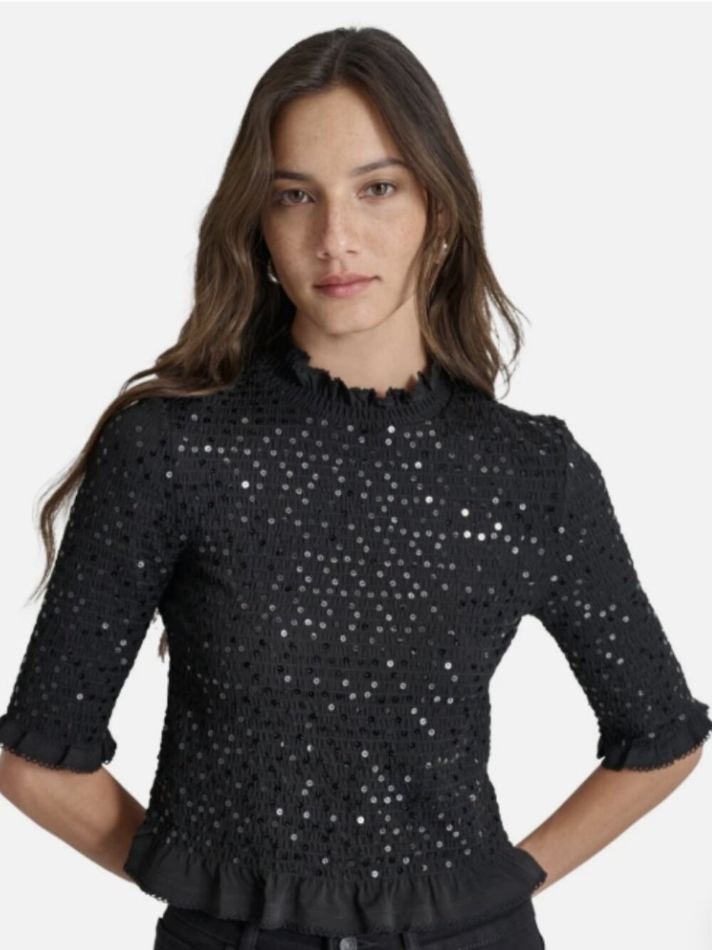 DKNY Jeans Women's Sequin Smocked Elbow-Sleeve Top